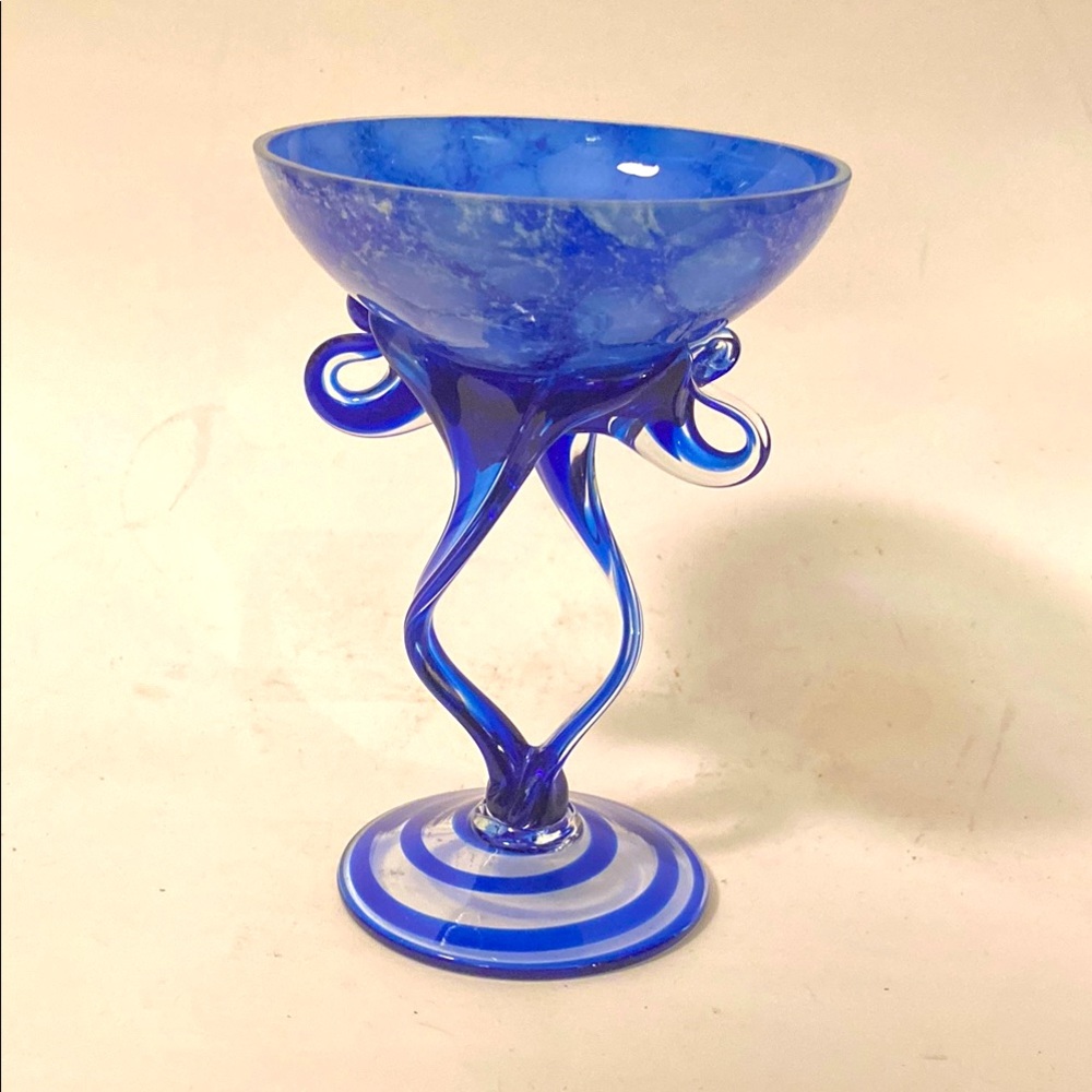Josefina Krosno Poland Handmade Blue Art Glass Jellyfish Bowl Twisted Bow Stem